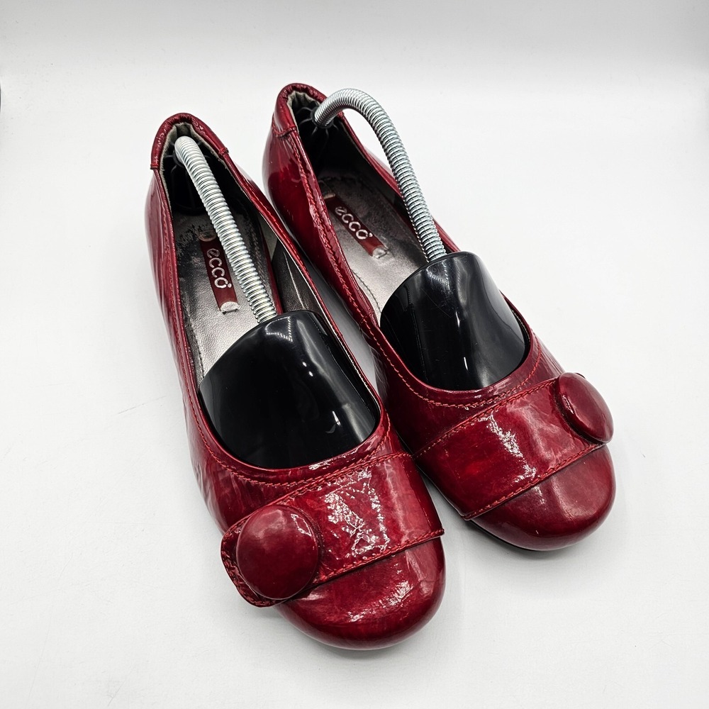 Ecco Womens Hanna Shoes‎ Size 37 Red Patent Leather Button Wedge Heel Ballet